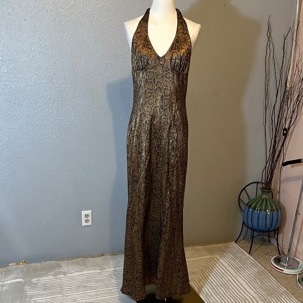 Vintage Lip Service Elegant gold/brown metallic Halter Maxi Dress size L